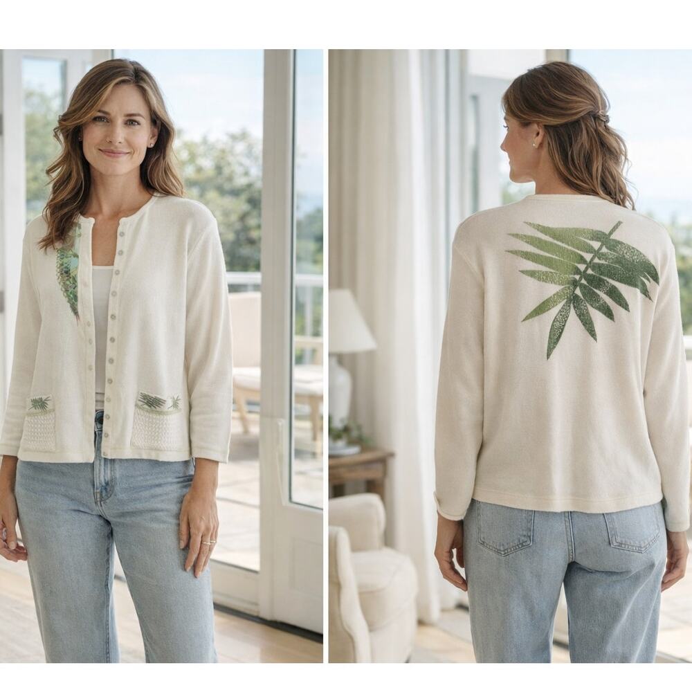 Vintage Palm Leaf Embroidered Snap Front Cardigan White Art to Wear Small